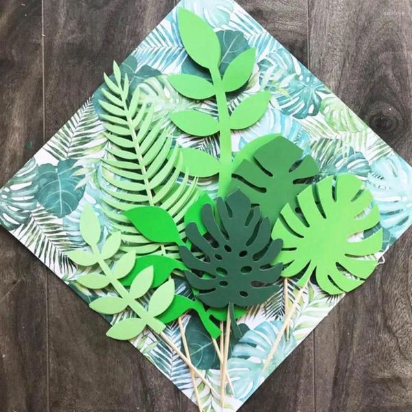 Fourniture de fête 7pcs outils de décoration de gâteau de style tropical Topper Flags Birthday Birthday Green Leaf Shape Insert Card