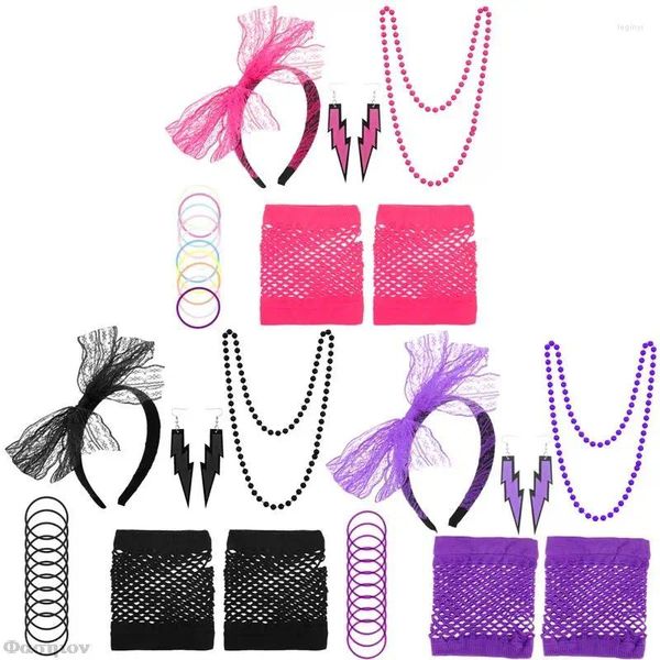 Fournitures de fête 80s bandeau en dentelle boucle d'oreille néon collier de gants en résille bracelet en silicone pour tenue costume accessoire ensemble filles cosplay