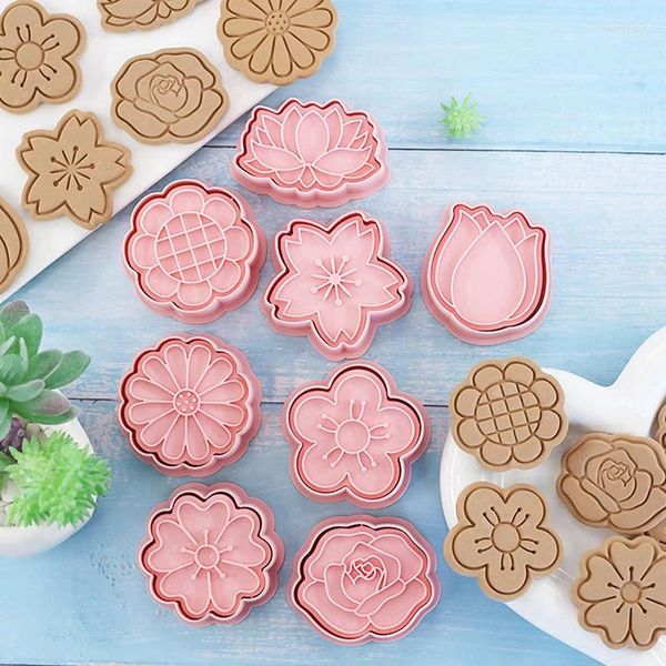 Suministros de fiesta 8pcs/set Cutters de galletas de forma de flores 3D Moldura de galletas de plástico DIY Fondant Molde Hornea Horne