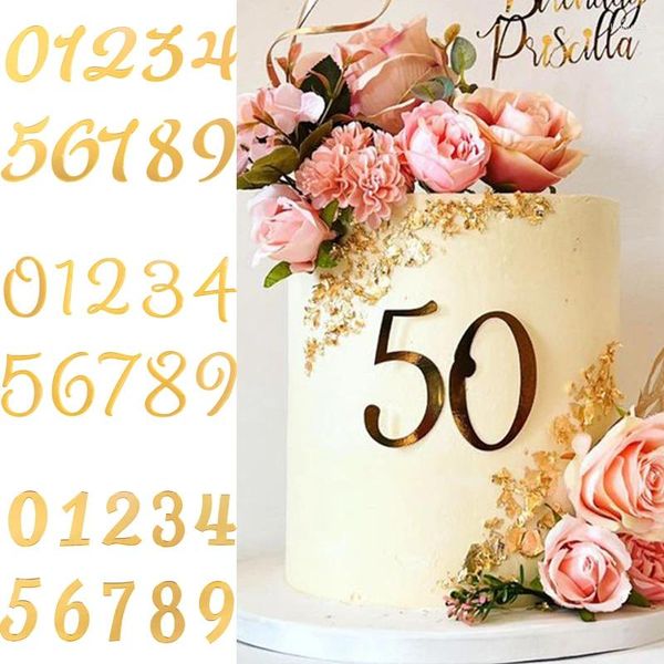 Suministros de fiesta Gold acrílico 0-9 Número Cake Topper Decoración de bodas Decoración de bodas de niños para adultos Decoración del lado digital