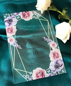 Feestbenodigdheden Acryl Quinceanera Uitnodiging Custom Purple Rose Peony Wedding Invite Birthday Baptism