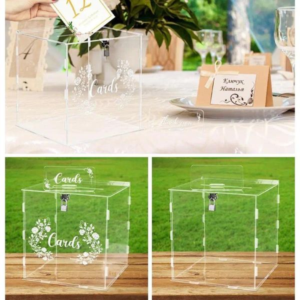Boîte à cartes de mariage en acrylique, fournitures de fête, boîtes transparentes carrées, boîte de rangement pour économies, fourniture pour anniversaire