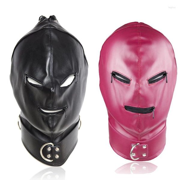 Fournitures de fête adulte sexy noir PU cuir tête bondage capuche masque hommes cosplay costume couverture fermeture éclair yeux ouverts discothèque accessoires