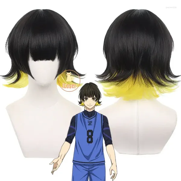 Artículos de fiesta Anime Blue Lock Bachira Meguru Peluca de cosplay Negro Amarillo Pelo Tazón Corte Equipo Z No.8 Jugador de fútbol Bob Accesorio de Halloween Hombres