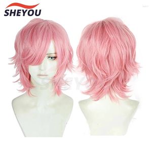 Feestvoorraden Anime Yarichin Club Ayato Yuri Cosplay Wigs Pink Korte hitte Resistent Synthetisch Hair Halloween Wig Cap