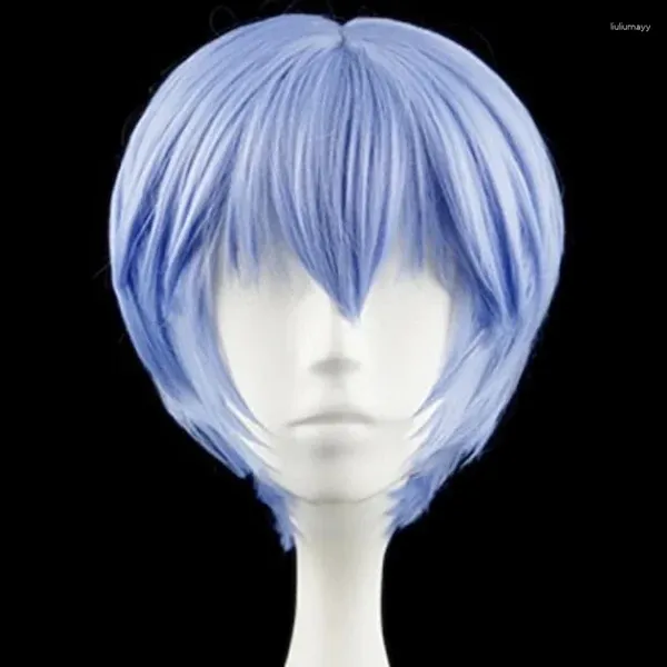 Suministros de fiesta Ayanami Rei pelo corto azul claro Cosplay Haripin disfraz resistente al calor peluca gorra gratis