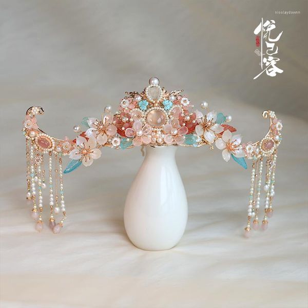 Suministros para fiestas Banquete Qionglin Tocado arcaístico Duobao Perla de cristal rosa Guirnalda grande Traje con borlas Hanfu Bo Temple Accesorios para el cabello