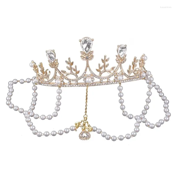 Fournitures de fête Baroque Gold Wedding Pearl Bride Feuilles et coiffes de mariée en cristal pour femmes jeunes Drop
