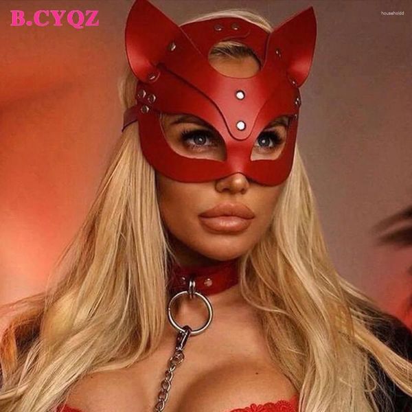 Suministros para fiestas Bdsm Máscara roja Cubierta de cara sexy Bondage Juego para adultos Mujeres Arnés de cuero de PU Disfraces de fetiche de gato Juguetes de cosplay de Halloween