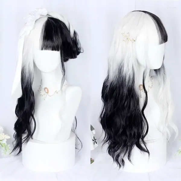 Perruque de couleur noire et blanche assortie, fournitures de fête, ondulation de l'eau, cheveux longs bouclés, Cosplay quotidien Anime pour femme, haute température