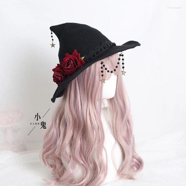 Suministros para fiestas, sombrero de bruja gótico negro para Halloween, lazo de lolita, mago tejido a cuadros flexibles