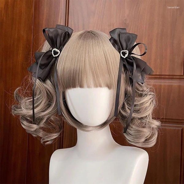 Pinces à cheveux gothiques noires avec nœud en forme de cœur, fournitures de fête, Barrettes en dentelle pour Halloween, accessoires en épingle à cheveux Lolita à Double queue