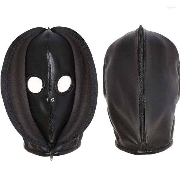 Fournitures de fête Couvre-chef en cuir noir avec trous ouverts Yeux exposés Fuite Bouche Fermeture à glissière Double couche Masque Halloween Jeu de rôle Sexy