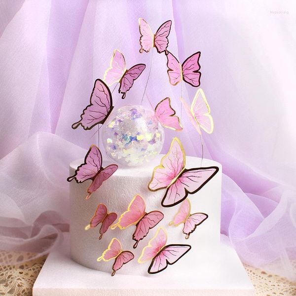 Ensemble de décoration de gâteaux, fournitures de fête, papillon rose violet, fleur artificielle, drapeau de beauté, joyeux anniversaire, mariage