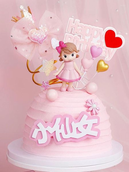 Fournitures de fête, décoration de gâteau, garniture de joyeux anniversaire, réception-cadeau pour bébé, pâtisserie, château rose, jupe à thème de princesse, ornements avec nœud pour fille