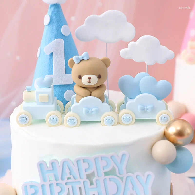 Party Supplies Cartoon Lovely Bear Cake Topper Boy Girl First Birthday Decor Soft Rubber Baby Shower Decoration DIY