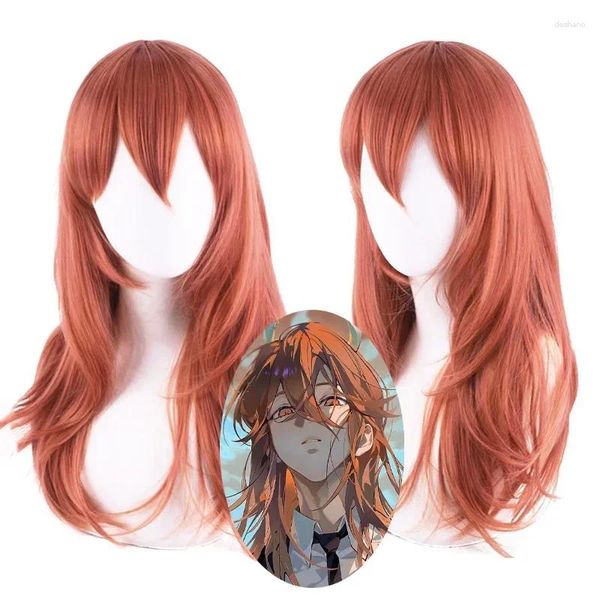 Fournitures de fête tronçonneuse homme ange diable Cosplay perruque Orange longue brun foncé résistant à la chaleur Halloween perruques casquette