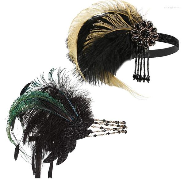 Articles de fête Charleston Plumes Bandeaux Vert Jaune Perlé Frangé HeadPiece Flapper Robe Accessoires Cosplay Great Gatsby Costume