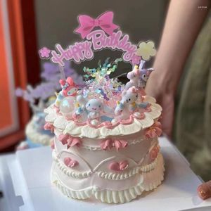 Fournitures de fête, impression de fleurs en couleur, décoration de gâteau en acrylique pour joyeux anniversaire, carte enfichable, outils d'année mignons pour habiller une fille