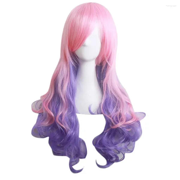 Articles de fête Perruques colorées Longue Perm Bouclés Vague Cheveux Femme Perruque Synthétique Fibre Haute Température Rose Violet Dégradé Coloré