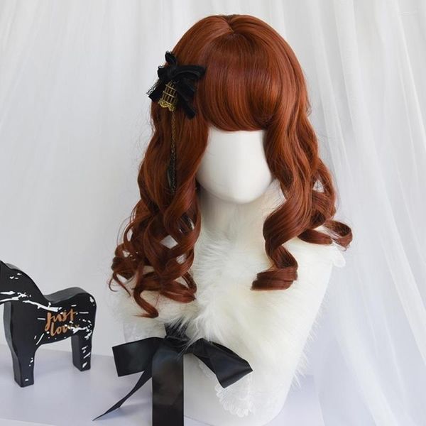 Articles de fête CosplayMix 35CM Halloween Princesse Lolita Doux Moyen Bouclé Caramel Or Vin Rouge Frange Mignon Cheveux Synthétiques Cosplay Perruque Cap