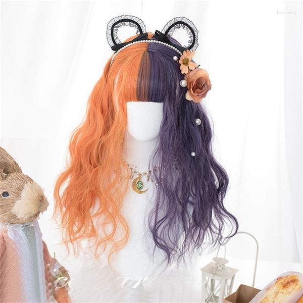 Articles de fête CosplayMix 60CM Lolita Orange Violet Ombre Longue Frange Bouclée Mignon Cheveux Synthétiques Et Halloween Diable Cornes Cosplay Perruque