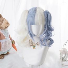 Feestbenodigdheden cosplaymix lolita paardenstaarten blauw witte ombre lange rechte pony schattige bob synthetische haarcosplay pruik