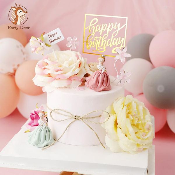 Fournitures de fête couronne princesse décoration brillant rose fleur gâteau Topper joyeux anniversaire pour fille femme mariage cuisson cadeaux