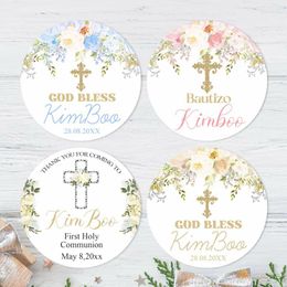 Party Levering Custom God Bless Bible Baptism Sticker First Holy Communion Labels Gepersonaliseerde Baby Shower Naam datum Tekst Bloemstickers