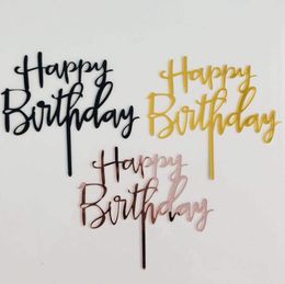 Suministros para fiestas Cute Happy Birthday Rose Gold Cake Toppers Gold Glitter Acrylic Cupcake Flag Decoraciones para pasteles-Regalos para fiestas SN5181