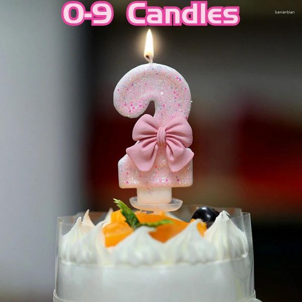 Suministros de fiesta Decoraciones de pastel de velas Digita Número 0 Pink Glitter Bow Happy Birthday Topper para las 16 celebraciones de niña