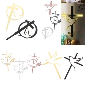 Décoration de gâteau en forme de croix de colombe, fournitures de fête, en or, pour première Communion, minimaliste, en acrylique, pour décoration d'anniversaire
