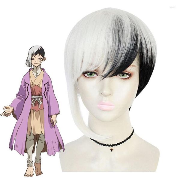 Suministros de fiesta Dr. Stone Asagiri Gen Cosplay Wig Unisex Anime Carácter Headgear en blanco y negro Capas de cabello corto mixto Cap279u