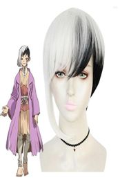 Fournitures de fête DrStone Asagiri Gen Cosplay perruque unisexe Anime personnage couvre-chef noir et blanc mixte cheveux courts perruques Cap3724813