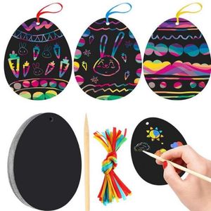 Suministros para fiestas Easter Magic Color Rainbow Scratch Art Paper Card Set con Graffiti Stencil para dibujar Stick DIY Art Painting Toy Kids Gift