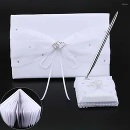 Suministros de fiesta estilo europeo doble corazón diamante adornado satin bodybook de boda pluma y soporte