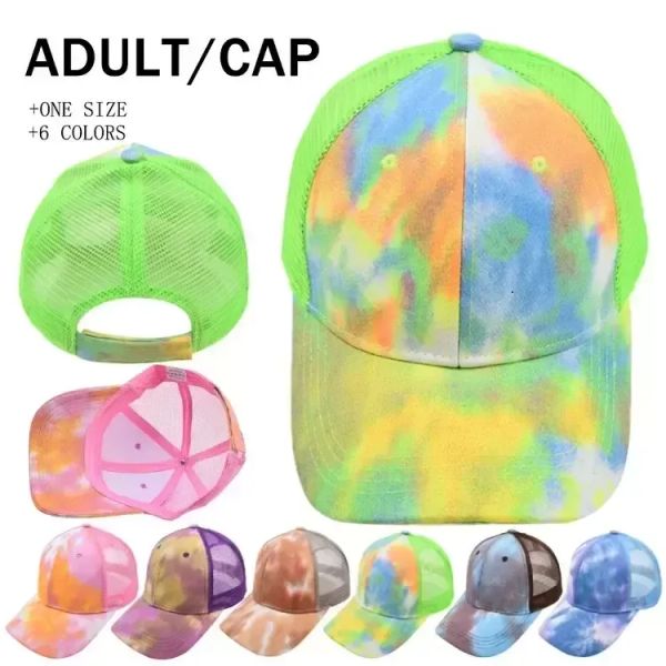 Chapeaux de queue de cheval Tie-dye à la mode, fournitures de fête, 6 couleurs, maille creuse, chignon en désordre, casquette de Baseball, chapeaux de camionneur d'été 0328