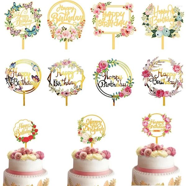 Fournitures de fête fleur plante joyeux anniversaire gâteau Topper or 3D acrylique enfants Dessert pour bébé douche cadeau décoration