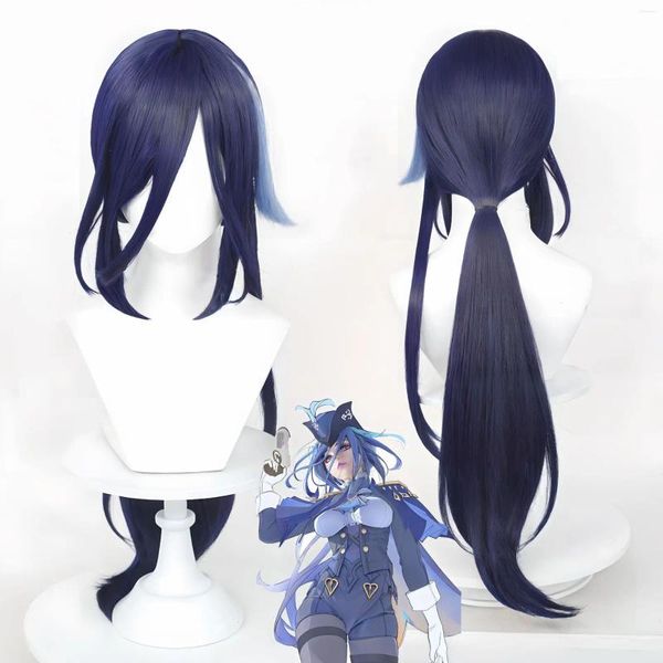 GAME FOURNIS DE PARTY GENSHIN IMPACT FONTAINE CLORINDE COSPlay Wig Long Straight Blue Mix Res résistant aux cheveux synthétiques Cap