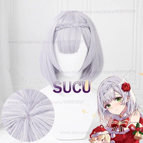 Fournitures de fête jeu Genshin Impact Noelle Cosplay perruque 35 cm argent violet court Anime perruques résistant à la chaleur cheveux synthétiques Halloween