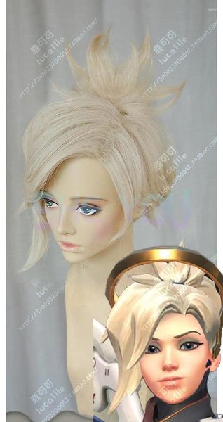 Fournitures de fête jeu OW Angela Mercy perruque courte lin Blonde pince queue de cheval résistant à la chaleur cheveux sythentiques Cosplay Costume perruques