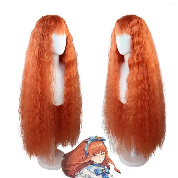 Suministros de fiesta Reverso del juego: 1999 Cosplay de color azul baby Wig 120 cm Resistente al calor de la ola de color naranja rizado Cabello Blunt Bangs Halloween Cañas de Halloween