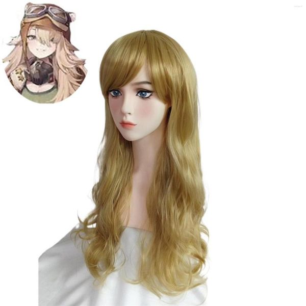 Suministros de fiesta Juego Reverso: 1999 Lilya Cosplay Wig Girl Adult Wave Golden Wave Curly Hair Bangs 45 CM Halloween Christmas Women Pieves