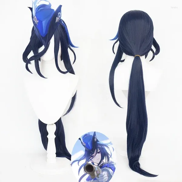 Suministros de fiesta Genshin Impact Fontaine Clorinde Cosplay Wig 80cm Blue oscuro Long Recto Recto Madreado Camino resistente al calor Cabal