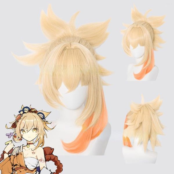 Perruques de Cosplay Genshin Impact Yoimiya, fournitures de fête, accessoires, perruque synthétique résistante à la chaleur, cheveux de dessin animé, filets à cheveux intégrés