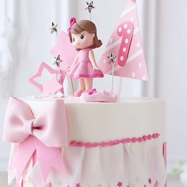 Suministros de fiesta para niñas, decoración para tarta, pequeña princesa, cumpleaños del bebé, Día de los niños, muñeca de estrella para hornear, regalos con lazo rosa