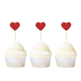 Supplies de fête Glitter Heart Cupcake Toppers Chicks For Sweet Love Thème de mariage Engagement de mariage Gâteau de douche nuptiale Décors 40 Pack Red