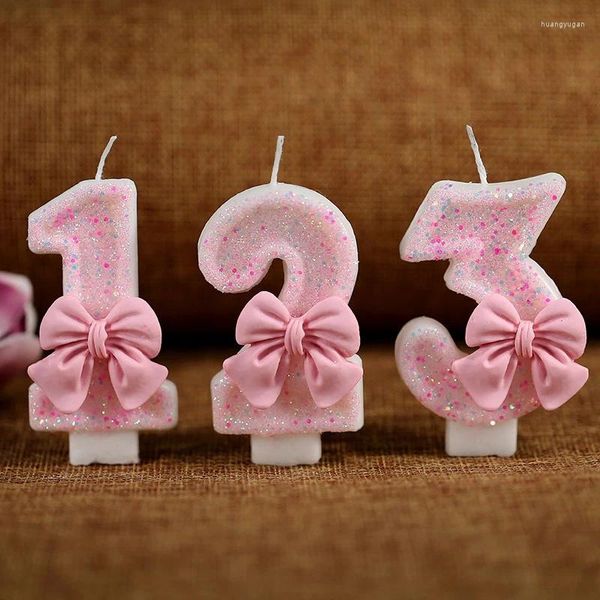 Articoli per feste Candele con numeri rosa glitterati Fiocco 3D progettato Candela digitale per ragazze Decorazione creativa per torta di compleanno per anniversario di matrimonio