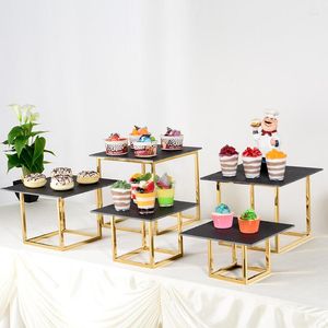 Feestbenodigdheden Goud ijzeren rek met zwart acryl voor bruiloft bloemen Dessert Tafel Display Holder Set Cake Stand Buffet Banquet Decor