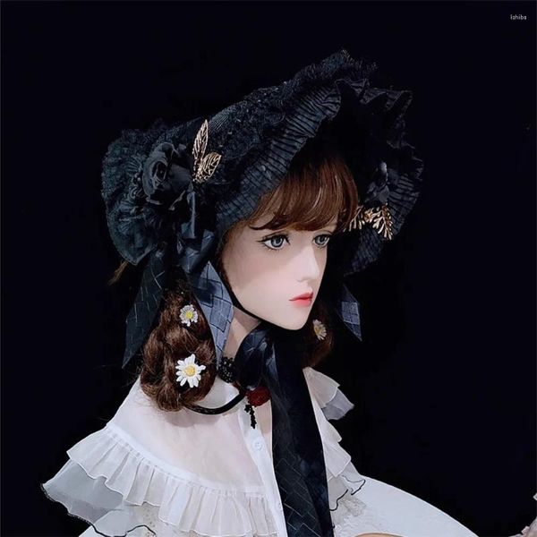 Fournitures de fête magnifique gothique Vintage fille Lolita cour victorienne chapeau de soleil Bnt Cosplay fleur multicouche dentelle perle chaîne Bonnet fait à la main